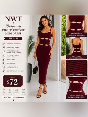 Burgundy Ribbed Cutout Midi Dress - Women's
